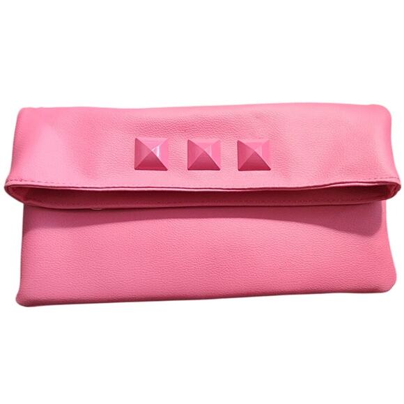 Barbie Pink Faux Leather Pyramid Studs Foldover clutch Purse - Picture 1 of 6